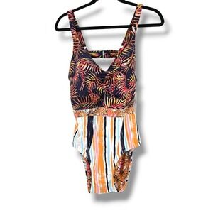 New Social Angel Orange Palm Leaf‎ Floral Striped One-Piece Swimsuit Size 1X NWT